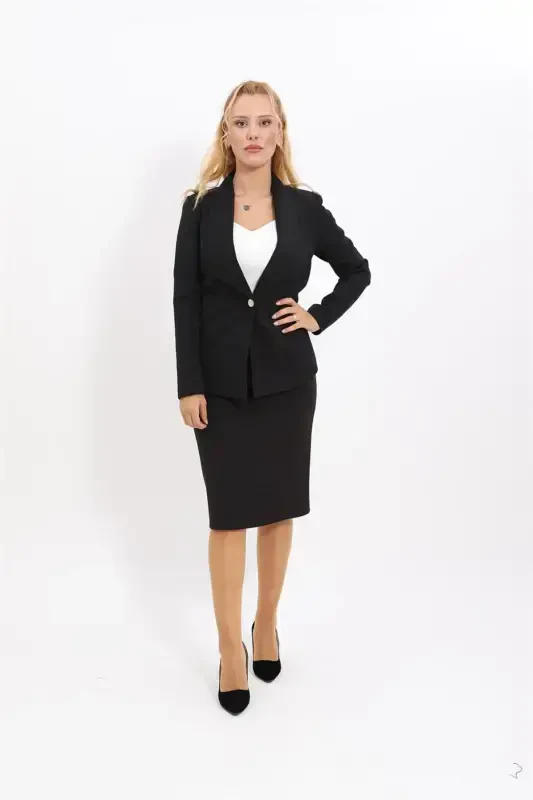 Midi Jacket & Pencil Skirt Set-black-Black - 2