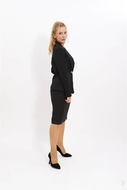 Midi Jacket & Pencil Skirt Set-black-Black - 5