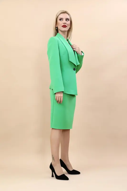 Midi Jacket & Pencil Skirt Set-green-Avocado Green - 3