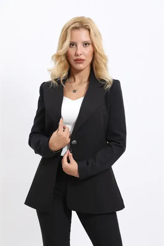 Midi Jacket & Wide Leg Pants Set - Black - 2