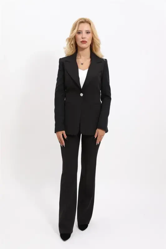 Midi Jacket & Wide Leg Pants Set - Black - 3