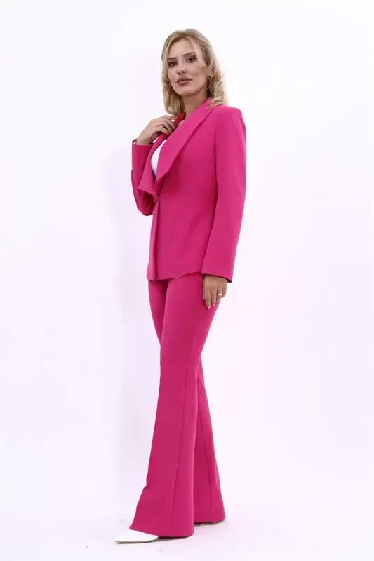 Midi Jacket & Wide Leg Pants Set - Fuchsia - 2