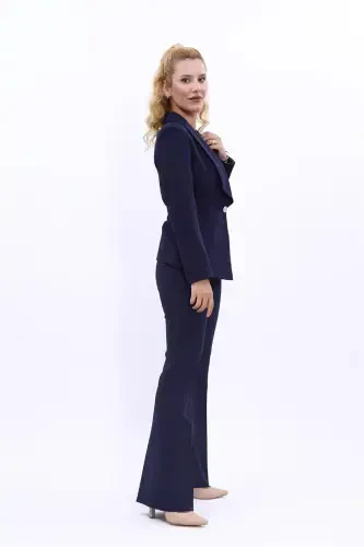 Midi Jacket & Wide Leg Pants Set - Navy - 3