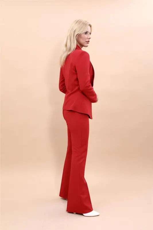 Midi Jacket & Wide Leg Pants Set - Red - 3
