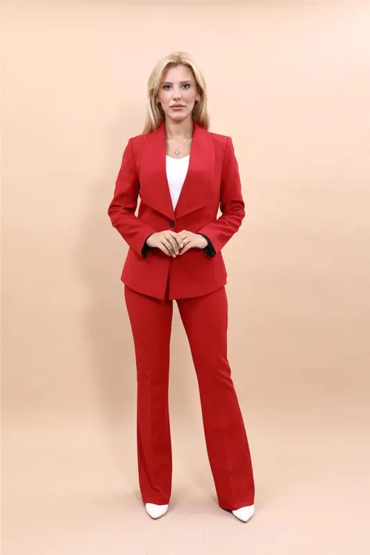 Midi Jacket & Wide Leg Pants Set - Red - 4