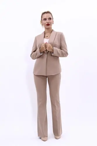 Midi Jacket & Wide Leg Pants Suit - Stone - 4
