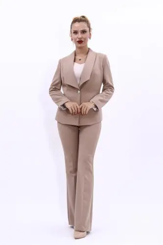 Midi Jacket & Wide Leg Pants Suit - Stone - 5