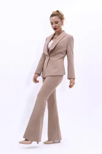 Midi Jacket & Wide Leg Pants Suit - Stone - 1