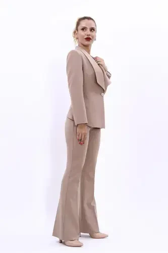 Midi Jacket & Wide Leg Pants Suit - Stone - ÖNDER ÖZSOY (1)