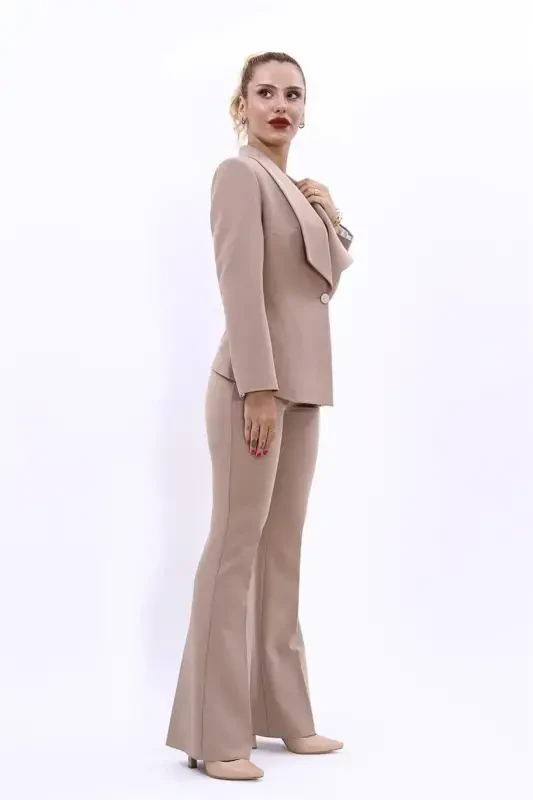 Midi Jacket & Wide Leg Pants Suit - Stone - 2
