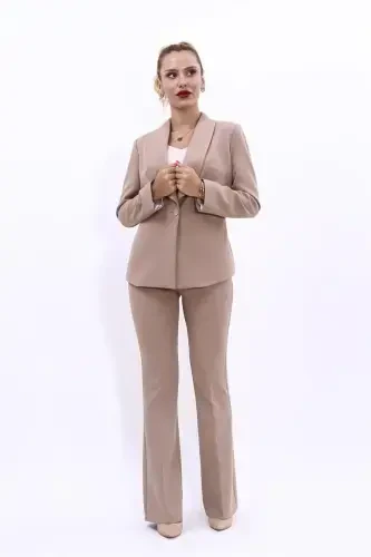 Midi Jacket & Wide Leg Pants Suit - Stone - 4