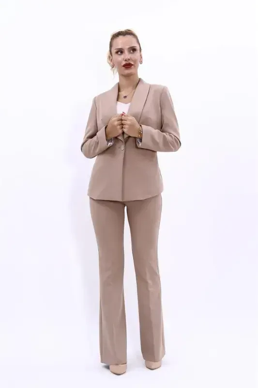 Midi Jacket & Wide Leg Pants Suit - Stone - 4