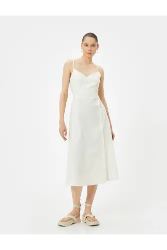 Midi-Leinenkleid mit zweireihigem Kragen und Knopfdetail, scModazonealer Träger - Ecru - 1