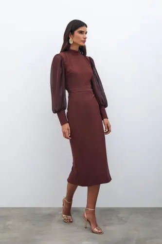 Midi Length Pencil Skirt - Coffee-COFFEE 
