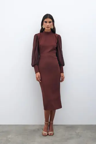 Midi Length Pencil Skirt - Coffee-COFFEE - SATEEN (1)