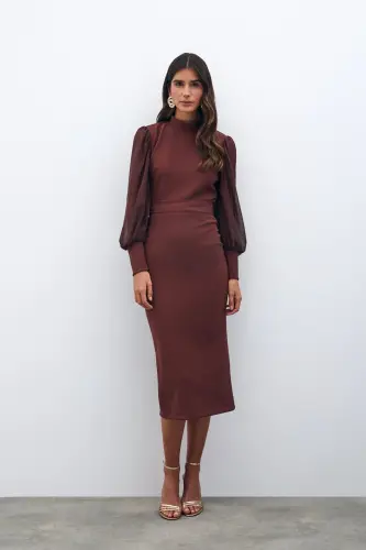 Midi Length Pencil Skirt - Coffee-COFFEE - 3