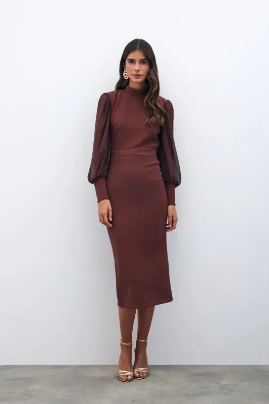 Midi Length Pencil Skirt - Coffee-COFFEE - 3