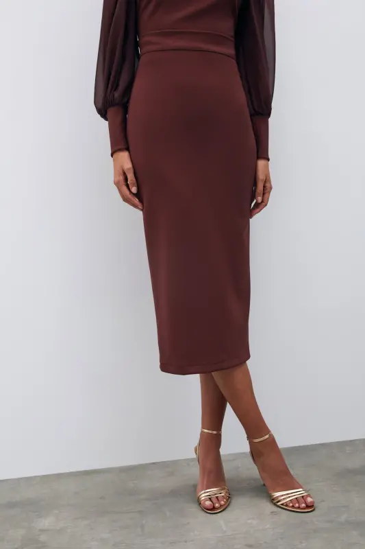 Midi Length Pencil Skirt - Coffee-COFFEE - 7