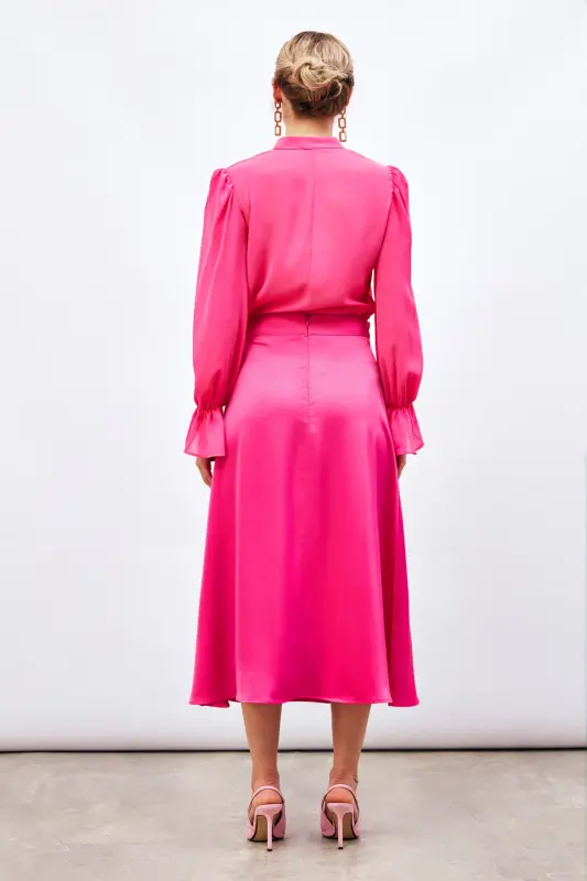 Midi Length Satin Skirt - Fuchsia - FUCHSIA - 5