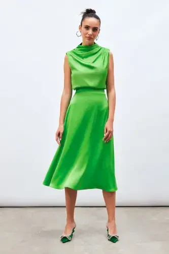 Midi Length Satin Skirt - LIGHT GREEN - 1