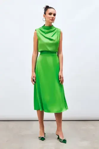 Midi Length Satin Skirt - LIGHT GREEN - SATEEN (1)