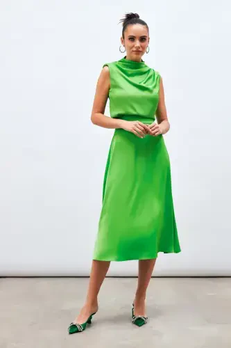 Midi Length Satin Skirt - LIGHT GREEN - 3