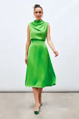 Midi Length Satin Skirt - LIGHT GREEN - 4