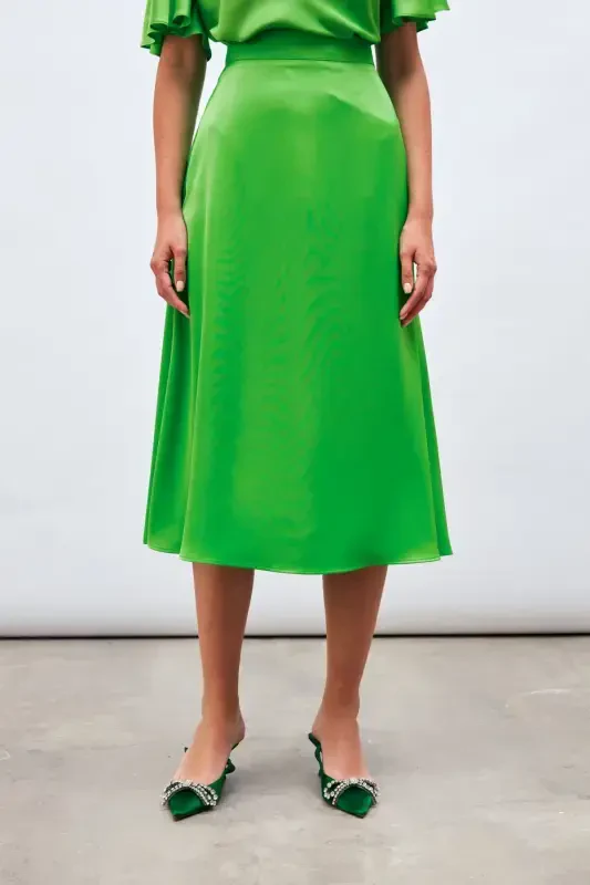 Midi Length Satin Skirt - LIGHT GREEN - 6
