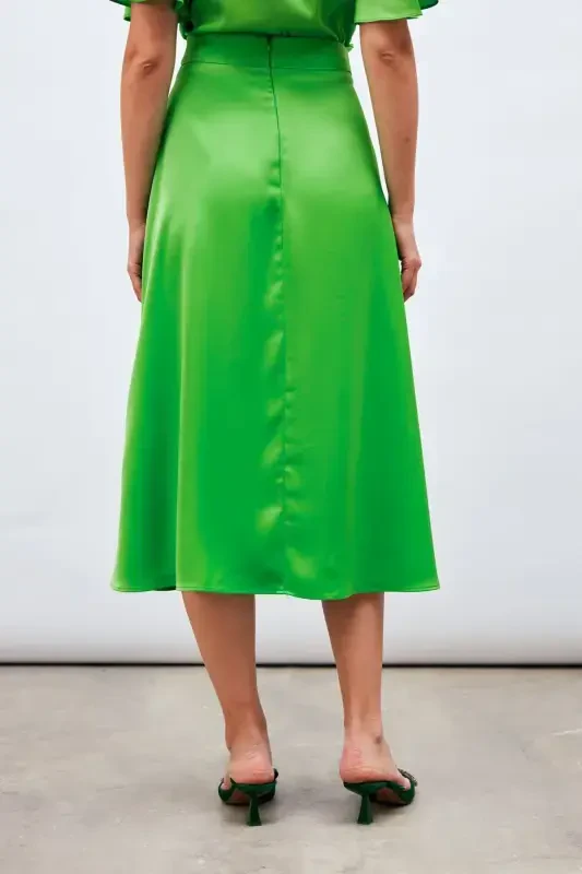 Midi Length Satin Skirt - LIGHT GREEN - 7