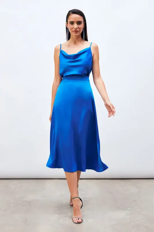 Midi Length Satin Skirt - Sax Blue - SAX BLUE - 1