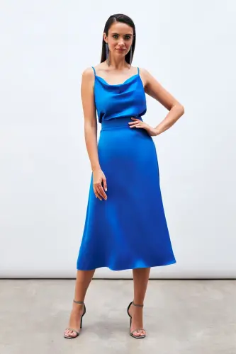 Midi Length Satin Skirt - Sax Blue - SAX BLUE - SATEEN (1)