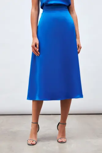 Midi Length Satin Skirt - Sax Blue - SAX BLUE - 3