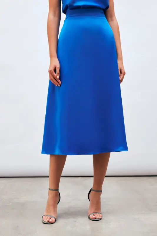 Midi Length Satin Skirt - Sax Blue - SAX BLUE - 3