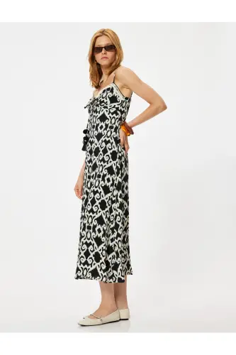 Midi Length Viscose Dress Ethnic Patterned Front Tie Detailed - 3