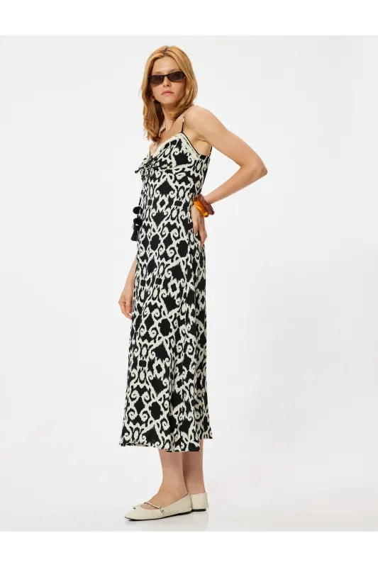 Midi Length Viscose Dress Ethnic Patterned Front Tie Detailed - 3