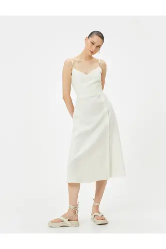 Midi Linen Dress Crossover Neck Button Detailed Thin Straps-Ecru - 3
