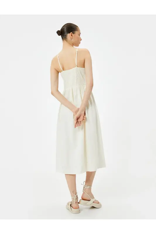 Midi Linen Dress Crossover Neck Button Detailed Thin Straps-Ecru - 4