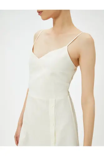 Midi Linen Dress Crossover Neck Button Detailed Thin Straps-Ecru - 5
