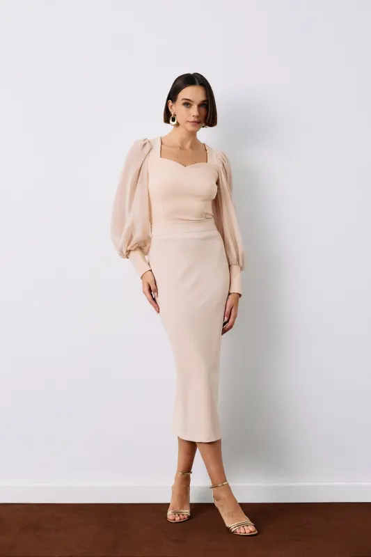 Midi Pencil Skirt - Beige - 1