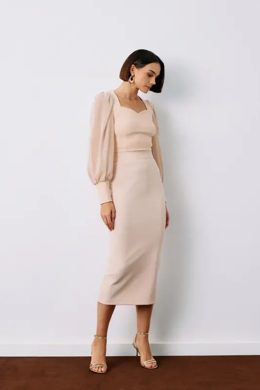 Midi Pencil Skirt - Beige - 3