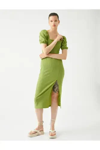 Миди Платье Рукава-фонарики Разрез Квадратный Вырез Жатый-Зеленый - Modazone (1)