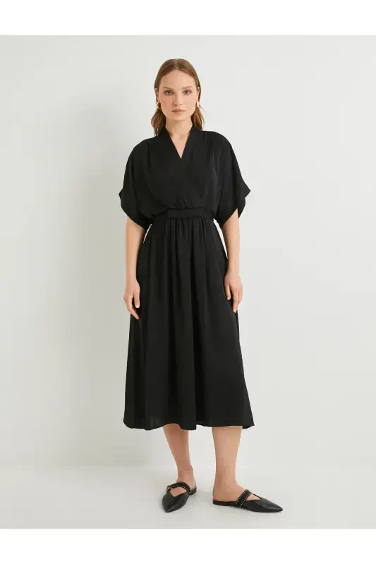 Миди-платье V-образный вырез Широкие короткие рукава С карманами - 5