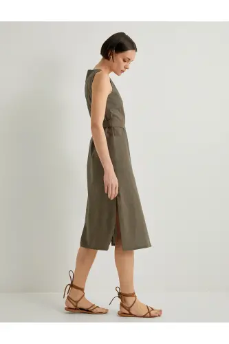 Midi Shirt Dress Belted Buttoned Linen Blend V Neck - 1