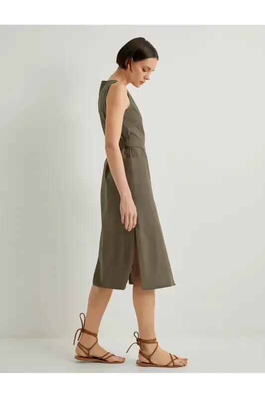 Midi Shirt Dress Belted Buttoned Linen Blend V Neck - KOTON