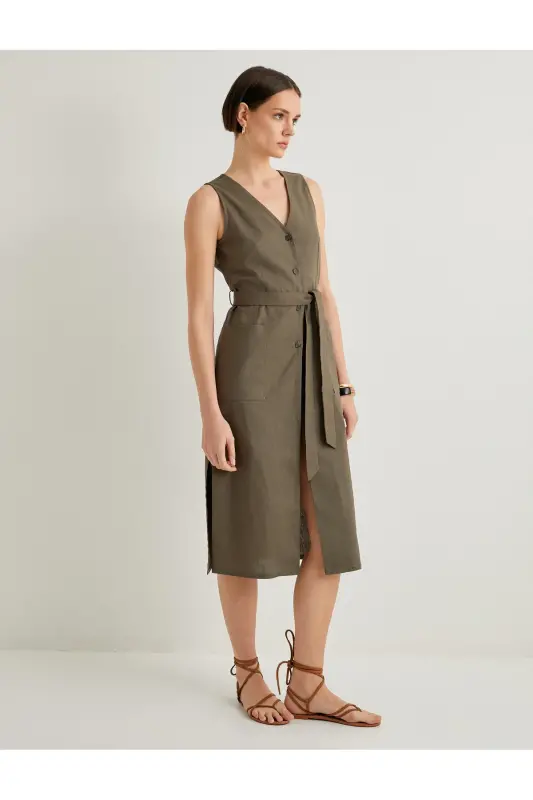 Midi Shirt Dress Belted Buttoned Linen Blend V Neck - 2