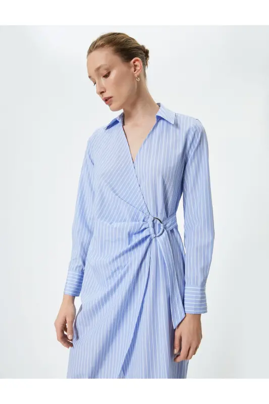 Midi Shirt Dress Long Sleeve Wrap Standard Fit with Metal Accessories - 2