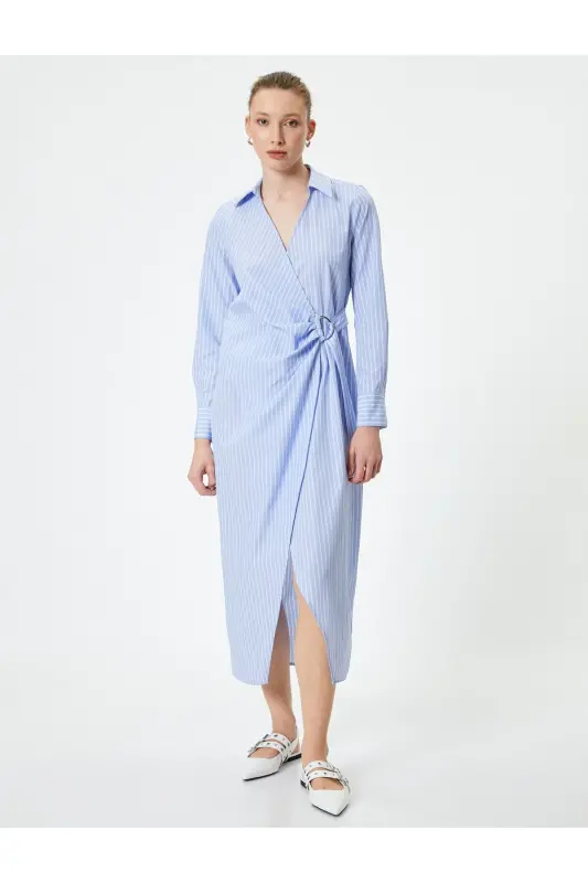 Midi Shirt Dress Long Sleeve Wrap Standard Fit with Metal Accessories - 3