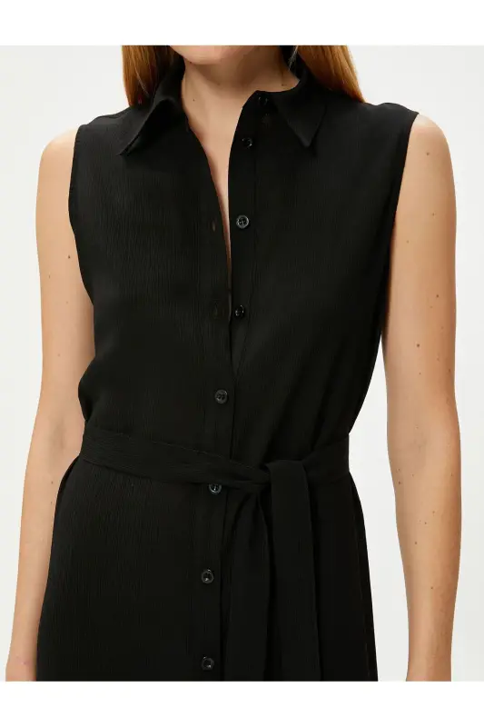 Midi Shirt Dress Unlined Thin Fabric Buttoned Belted Viscose - 5