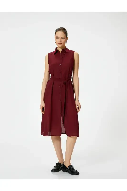 Midi Shirt Dress Unlined Thin Fabric Buttoned Belted Viscose-Burgundy - KOTON