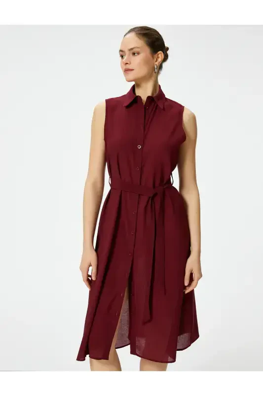 Midi Shirt Dress Unlined Thin Fabric Buttoned Belted Viscose-Burgundy - 2